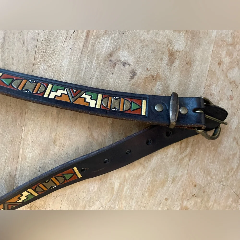 Vintage Colorful Painted Leather Belt with Geometric Southwest Pattern Design